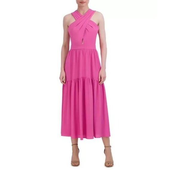 BCBGMAXAZRIA Fit & Flare Maxi Dress Women's 10 Pink Crossover Halter Neck NWT